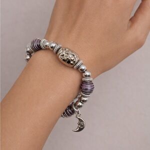 Silver and Purple Beaded Stretch Bracelet with Moon Charm